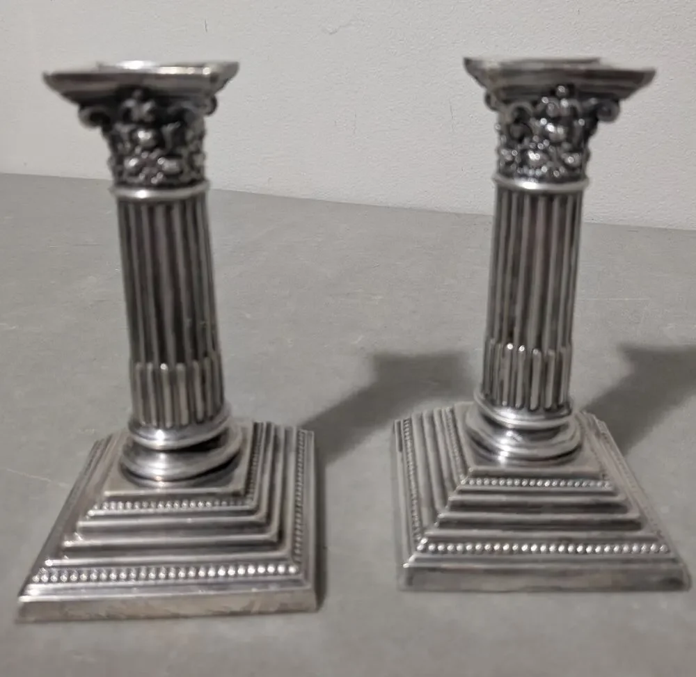 Antique Mappin & Webb Dwarf Corinthian Column Candlestick Holders Set of 2 Short
